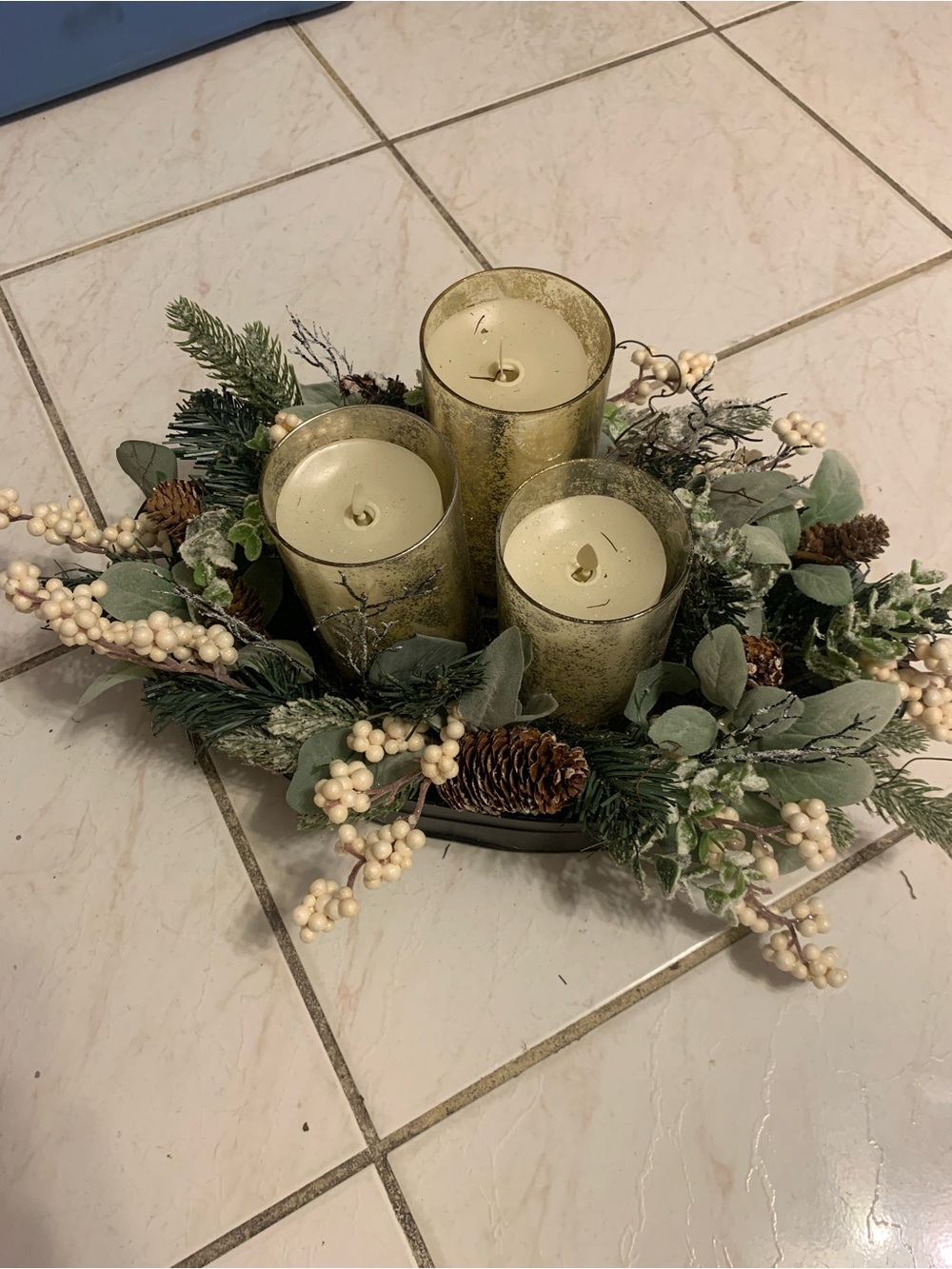 Gold Glass Candle Trio Centerpiece with Greenery